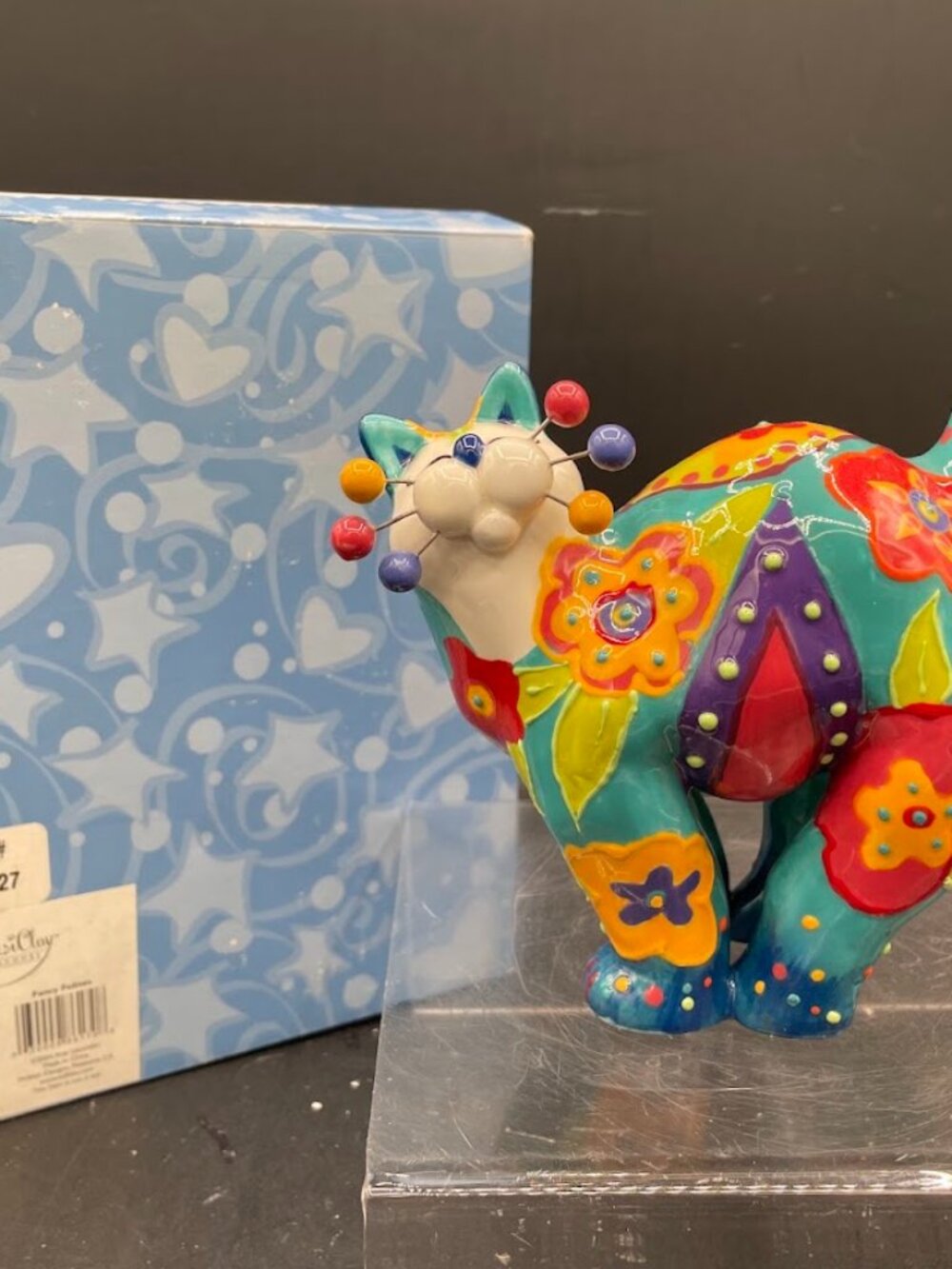 2004 Amy Lacombe Whimsiclay Meadow Colorful Flower Cat #86170 Cat in Box
